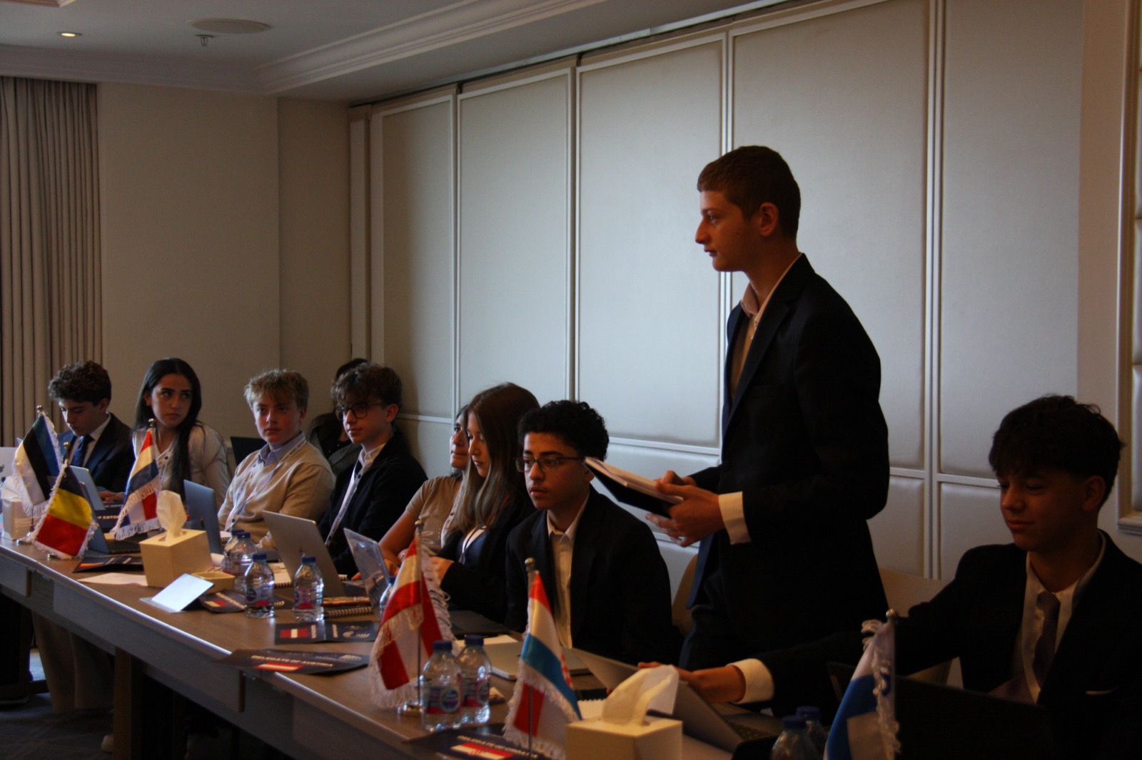 A delegate stands to speak during a committee session, national flags lined up along the table